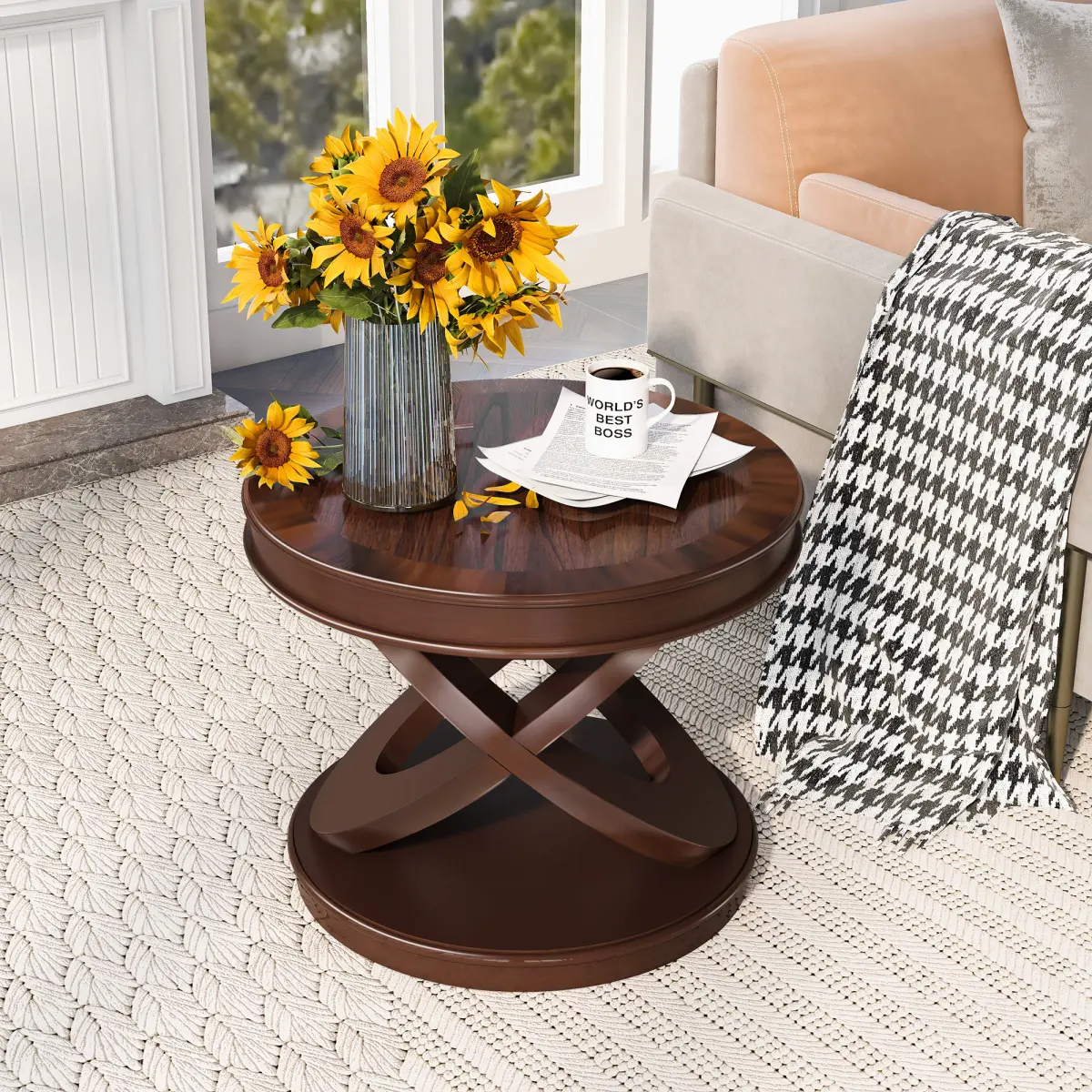 Retro Round End Table Solid Wood Bedside Table Sofa Side Table with X-shape Base for Family Dining or Living Room. Walnut