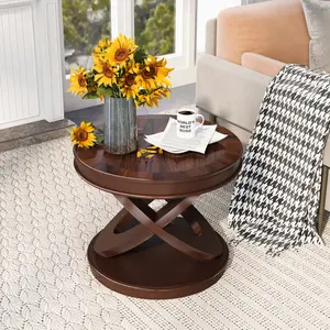 Retro Round End Table Solid Wood Bedside Table Sofa Side Table with X-shape Base for Family Dining or Living Room. Walnut