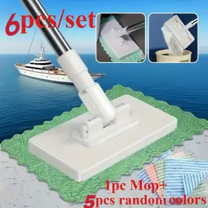 6-Piece No-Hand-Wash Lazy Mop Set, Includes 1 Mop & 5 Random Color Cloths, Reusable Press Clips, Multisurface Use, Ideal for Kitchen Bathroom Windows Floors Cleaning, Reusable Mop Pads