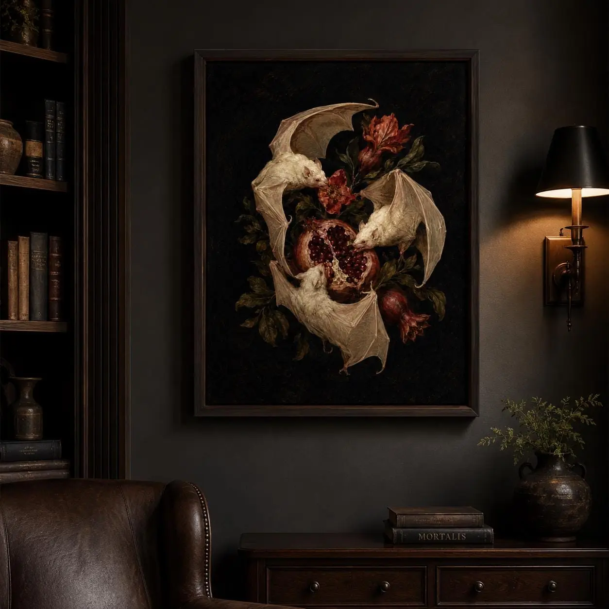 [Sale Up To 50%][No frame, Free Ship] Albino Fruit Bat Wall Art Print Gothic Botanical Poster Pomegranate Animal Decor Dark Academia Wall Art