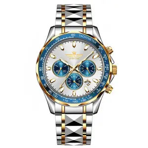 Men's Watch - Casual Quartz Sports Watch with Three-Dial Six-Hand Design, Stainless Steel Strap, Waterproof, Silver with Blue Face, 43mm Diameter