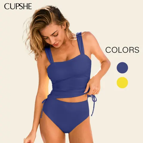 CUPSHE Women's 2-Piece High-Waisted Ruched Tankini Bathing Suit, Twist Front Tummy Control, Full Coverage Slimming Swimwear for Curves, Curvy Beach Ootd Summer Swimwear