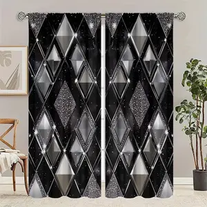 2D planar, black geometric rhombus printed semi-transparent curtains, Window Curtain, weighing 90 grams, with sliding rail and pocket-style light filtering privacy shading curtains, suitable for semi-transparent curtains in living rooms and bedrooms.
