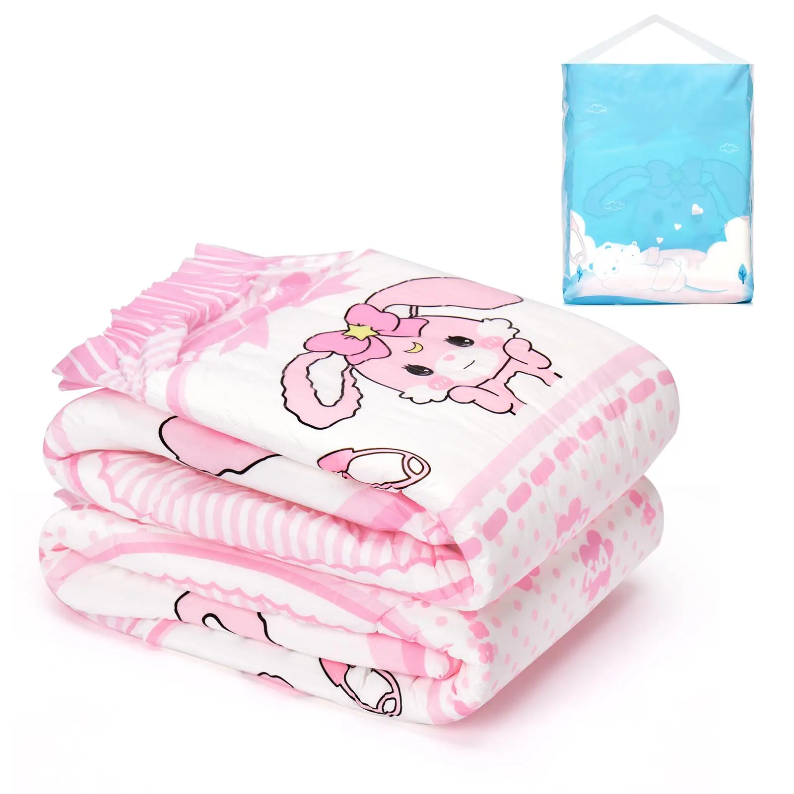 LITTLEFORBIG Usagi Pink Adult Printed Diapers, High Absorbency Night Diapers with Plastic Back, 181oz+ Capacity, 2-Piece Sample Pack