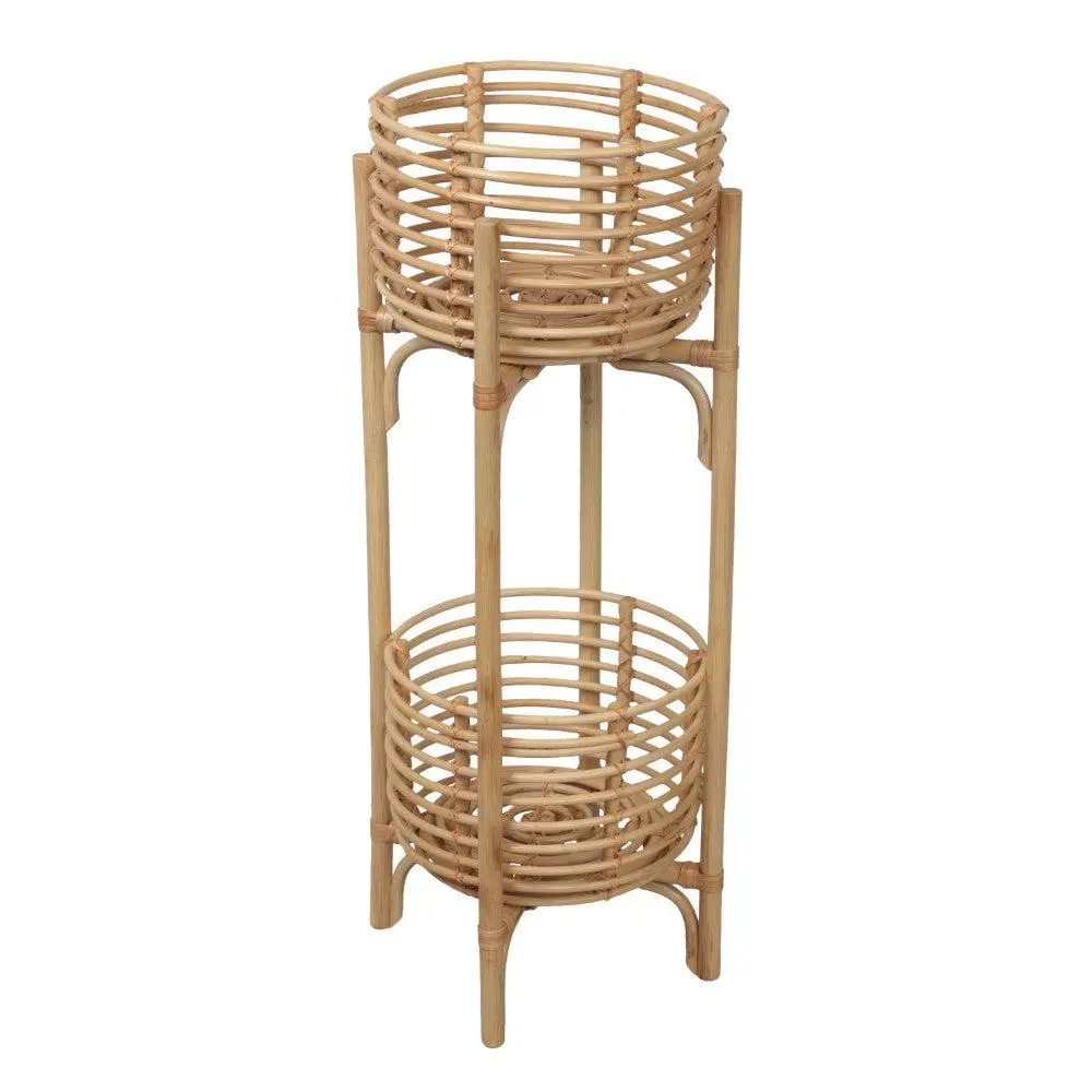 JONATHAN Y Zachariah 33.5in Handcrafted Rattan Indoor 2-Tier Circular Planter Stand - Bohemian Minimalist, Artisanal Craftsmanship, Handwoven Texture, Breathable Open Construction, Warm Natural Tone, Balanced Layered Display, Room Decor, Frame Your Greens