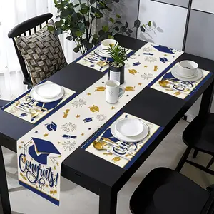 2D flat printing, 1 piece/5 piece set/7 piece set table flag placemat set, suitable for graduation season gift decoration, with bachelor's hat, star and fireworks patterns, suitable for daily use in kitchen, dining room, living room and home