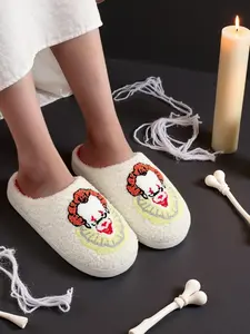Plush Slippers with Scary Clown Embroidery, Home Slippers, Soft Comfortable Indoor Shoes for Men and Women, Perfect for Fall Halloween Gift, Footwear