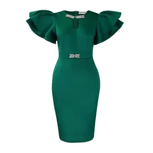 Mina Green Summer Round Neck Ruffle Sleeve Rhinestone Bodycon Dress for Party Banquet Formal Womenswear Chic Basic Minimalist
