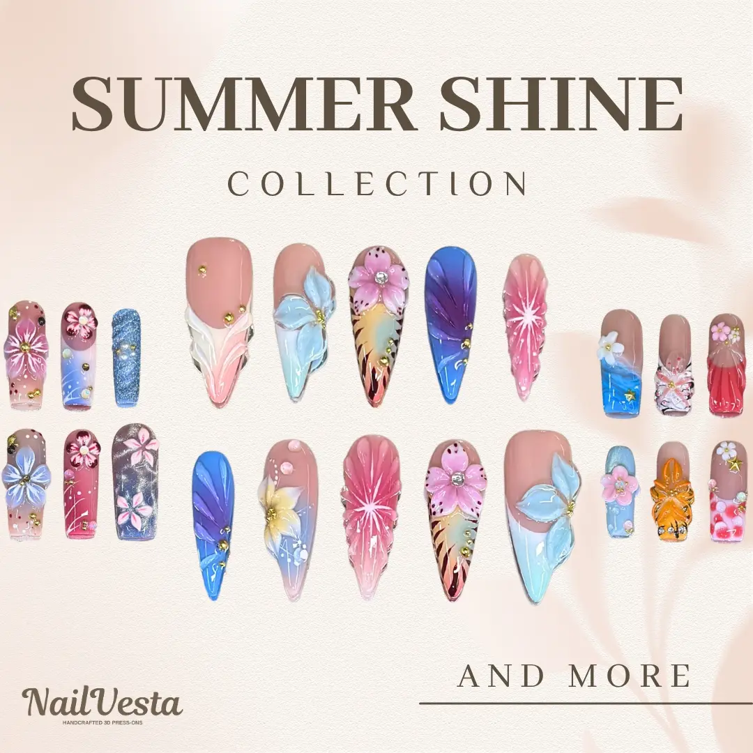 NailVesta SUMMER SHINE COLLECTION – 100% Handcrafted 3D Press-On Nails | Reusable, Long-Lasting, Salon-Quality