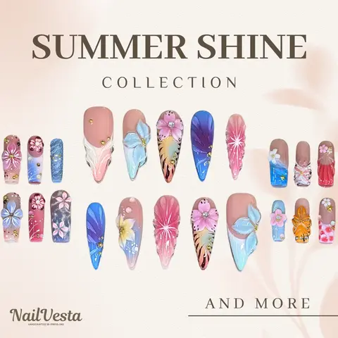 NailVesta SUMMER SHINE COLLECTION – 100% Handcrafted 3D Press-On Nails | Reusable, Long-Lasting, Salon-Quality