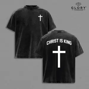 Christ Is King Vintage Washed Oversized Christian T-Shirt, Minimal Cross Faith Graphic Tee, Heavy Cotton Dark Gospel Streetwear Top, Unisex Retro Worship Shirt, Bold Christian Statement Apparel