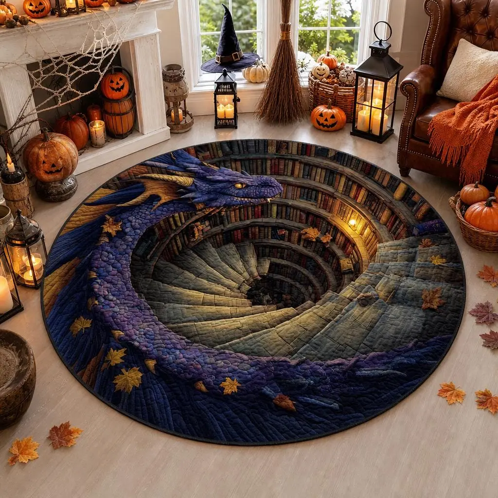 Halloween Dragon Rug, Mystical Fantasy Dragon Design, Round Floor Rug, Optical Illusion Spiral Style, Halloween Decor, Dragon Lovers & Fantasy Enthusiasts, Halloween Gift