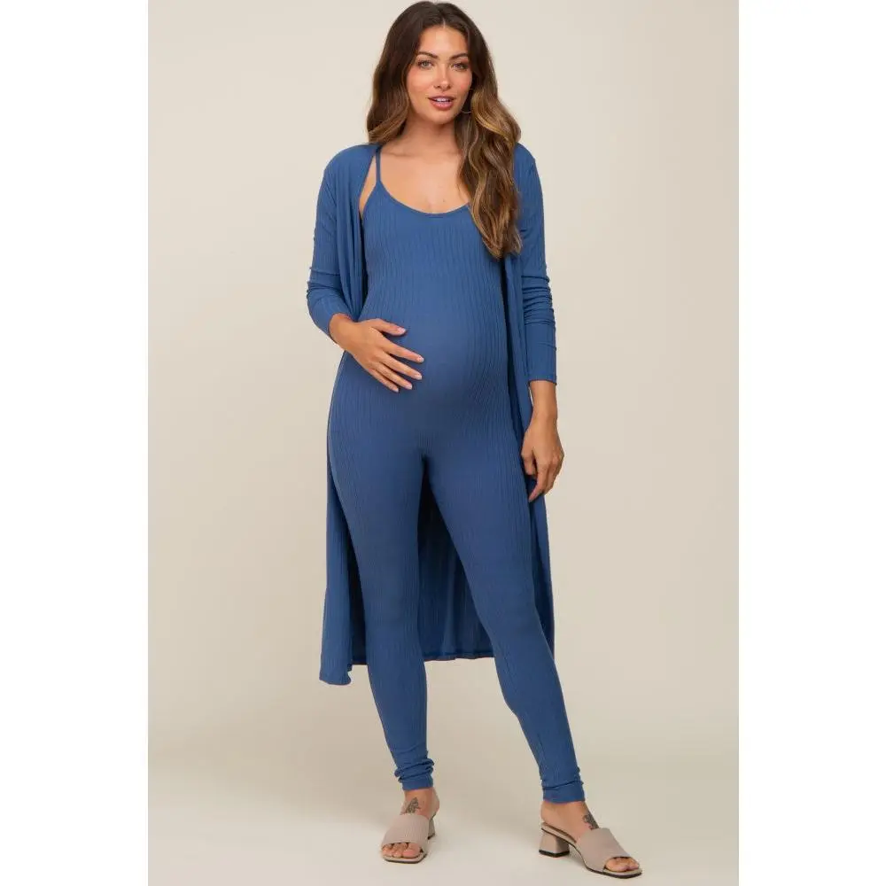 Women's Blue Ribbed Maternity Jumpsuit Set, Maternity Wear, Long Sleeve Pregnancy Outfits, Bump Friendly Outfits for Dressing the Bump, Dress The Bump