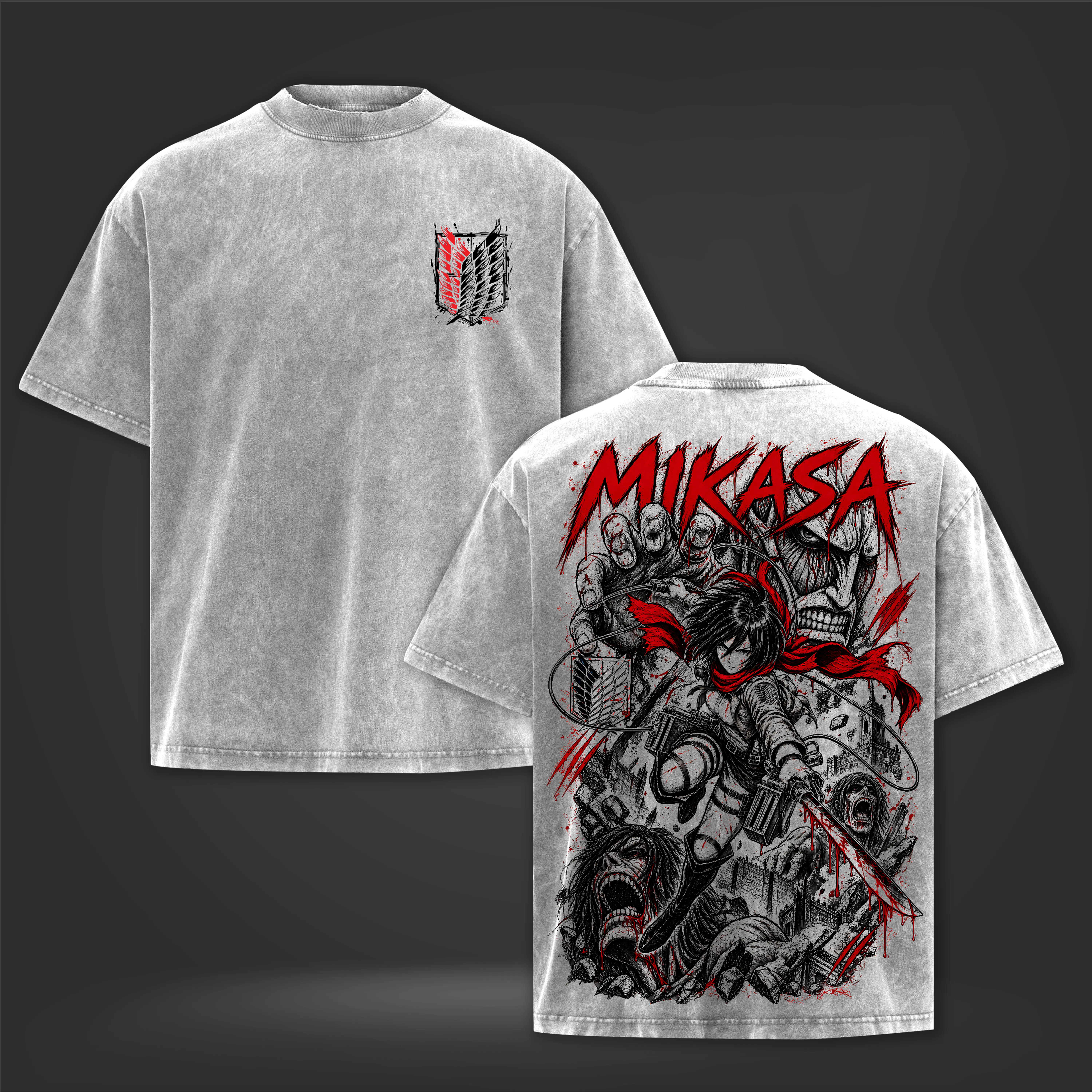 Attack on Titan Mikasa Ackerman Wings of Freedom Anime Graphic T-Shirt, Vintage Washed Oversized Gray Tee, Front and Back Print