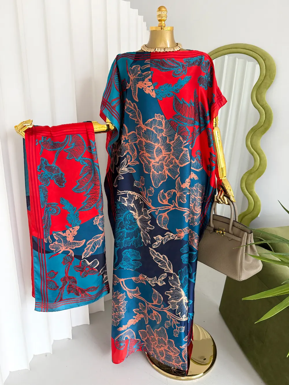Navy & Red Floral Line Art Kaftan Set Silky Modest Dress Silky Floral Modest Bubu Dress Bold Red & Navy Floral Maxi Dress