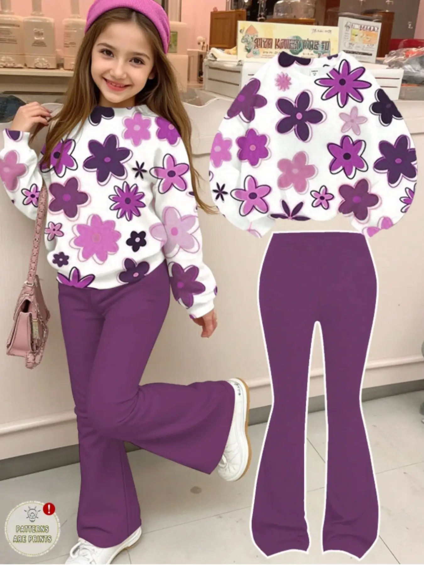 Teen Girls Casual Fashion Coffee Stripe Set, Floral Print Set, Matching Outfits Set, Clothing Set, Fashion Clothes Sets, Co Ord Sets, Mini Bow Pattern, Loose Round Neck Sweatshirt & Tight Bell Bottoms, Fall Winter, Outfit