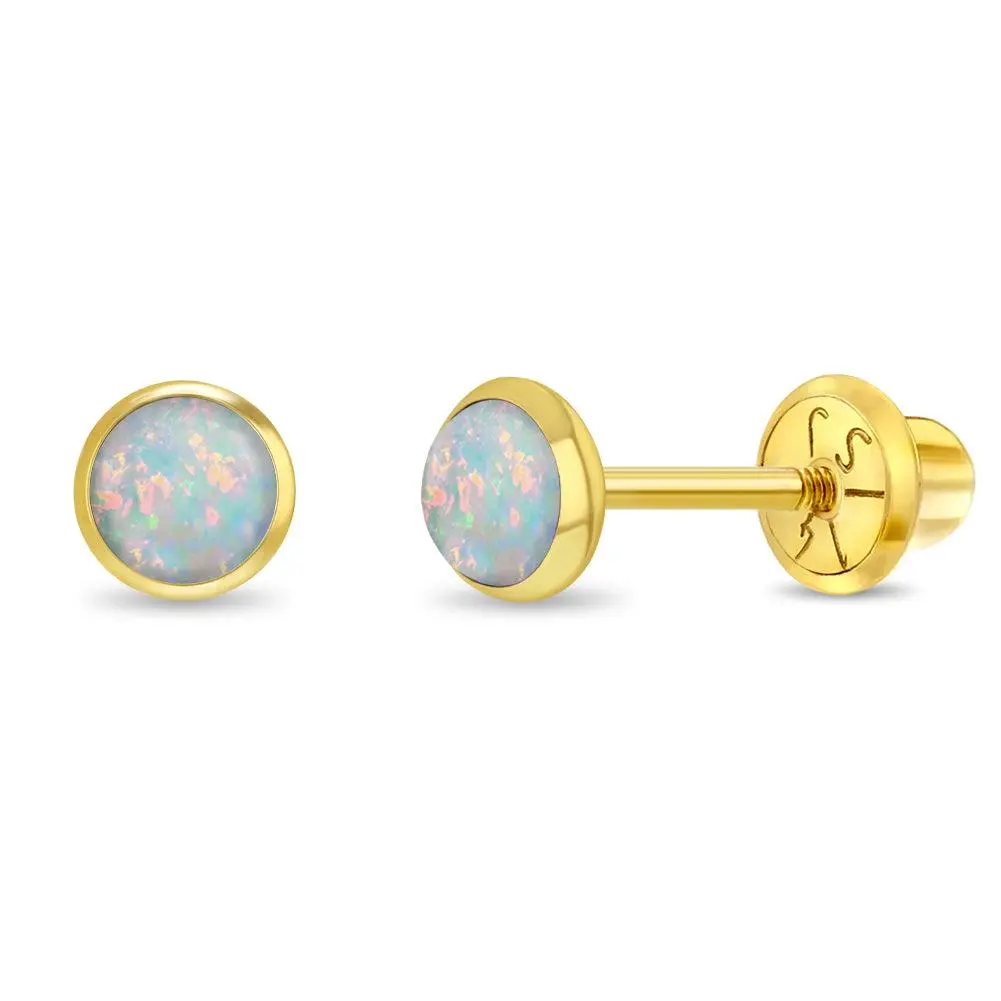 14k Gold White Opal Bezel Baby / Toddler / Kids Earrings Safety Screw Back