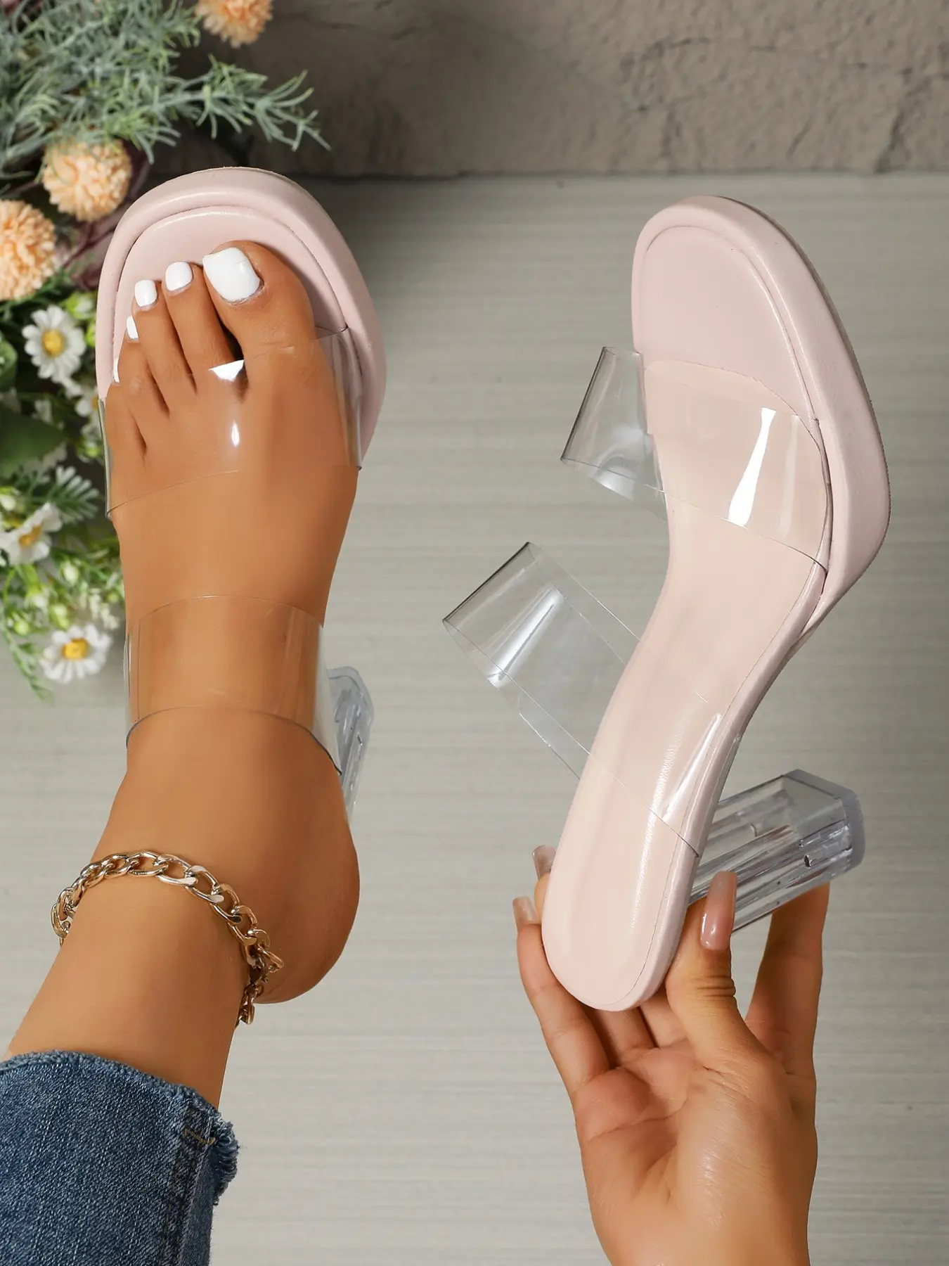 Women's Transparent Double Strap Chunky Heel Sandals, Fashionable Open Toe Sandals for Party, Summer Daily Clothing Decor, Barefoot Sandals for Women & Girls, Fancy Sandals, Footwear