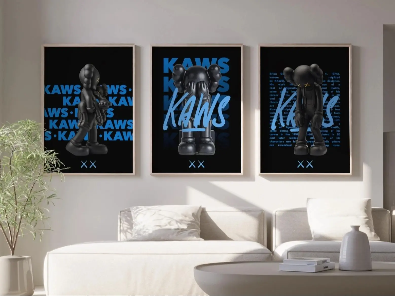 Set of 3 Black And Blue Kaws Art Poster - Unframed