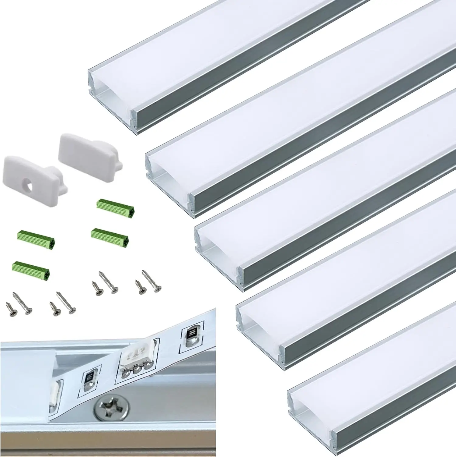 5-Pack LED Strip Aluminum U Channel Diffuser with Pre-Drilled Holes, 3.3ft Length Low Profile Flush Mount Under Cabinet Track, Easy Cut with Hacksaw/Scissors/Utility Knives, Carbon Steel Mounts, 90% Transmittance, Dust Protection, Indoor Lights