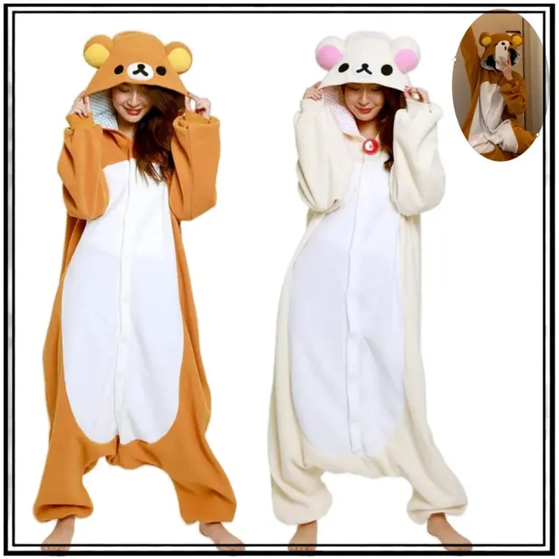 Japanese Rilakkuma Korilakkuma Adult Cartoon Kigurumi Onesie Pajamas Relax Bear Soft Home Sleepwear Cosplay Costume Wholesale
