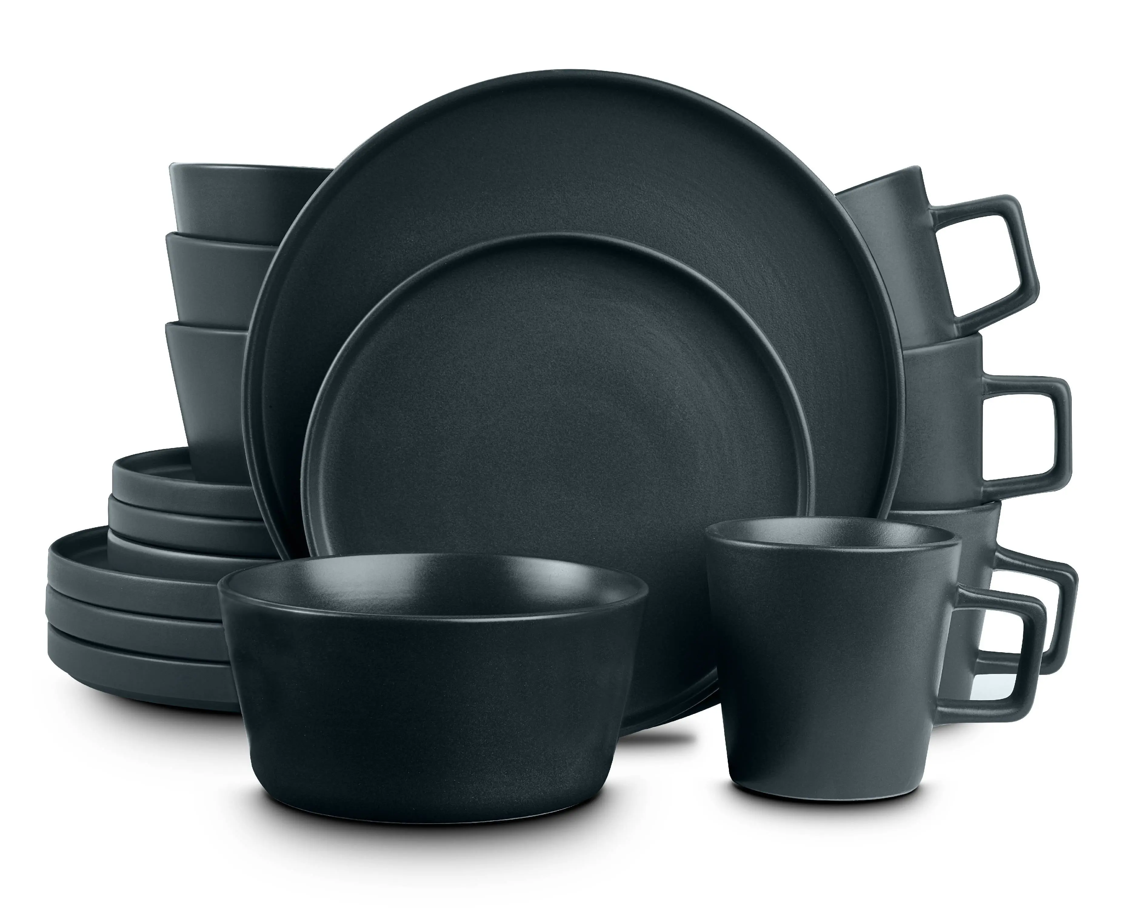 Stone Lain Celina 16-Piece Stoneware round Dinnerware Set, Service for 4, Gray Matte