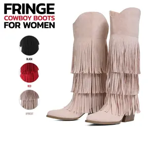 Cowboy Knee High Boots for Women Pointed Toe Chunky Block High Heel Pull On Fringe Wide Calf Cowgirl Boots Fashion Comfortable Retro Chic Party Date Dress Country Concert Western Trendy Tall Boots