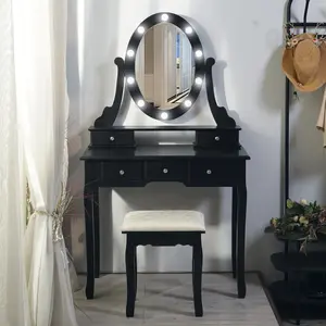 Modern Vanity Desk with Oval LED Mirror – 3 Adjustable Light Modes, 5 Spacious Drawers, Cushioned Stool – Makeup Dressing Table for Bedroom, Women and Girls