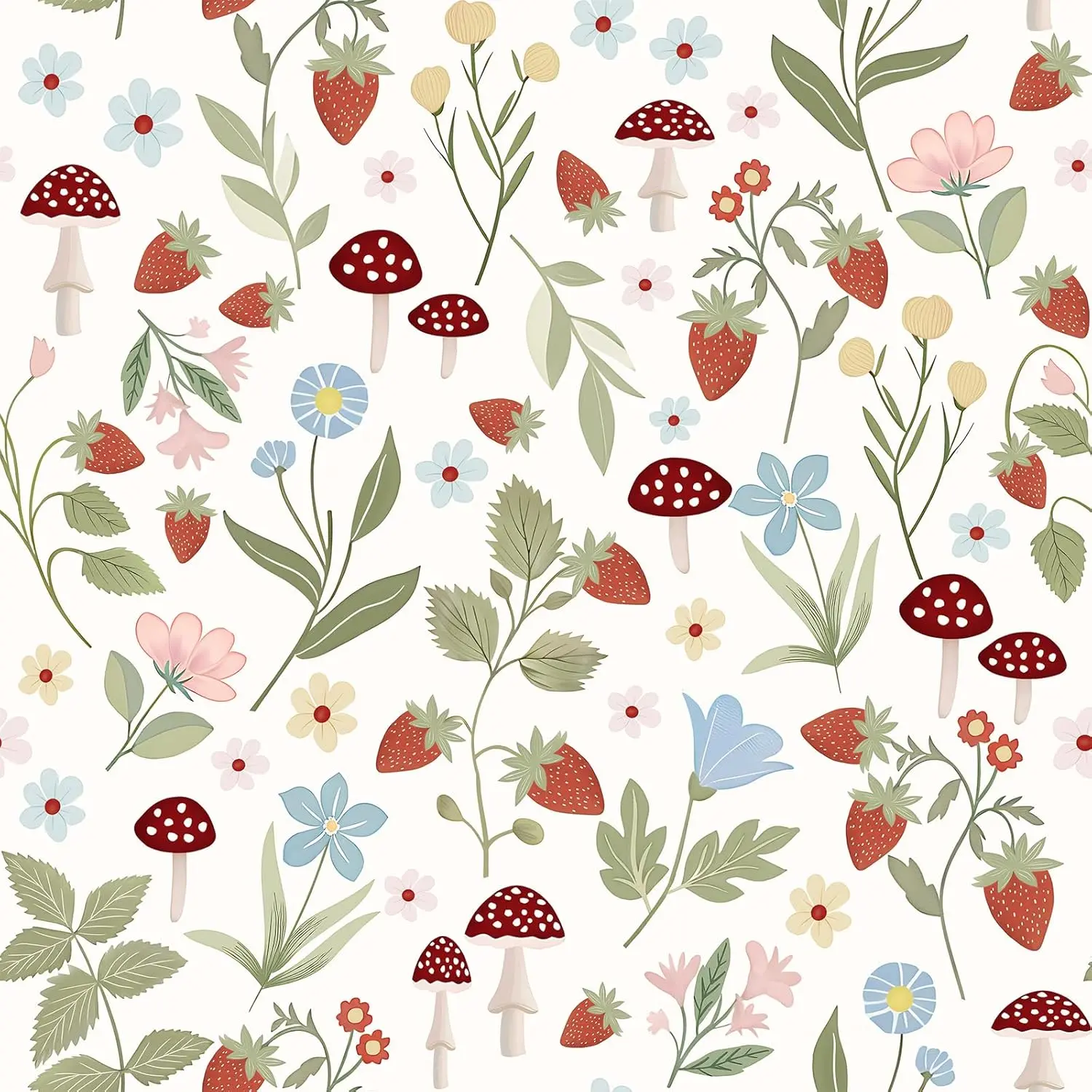 VEELIKE Cottagecore Meadows Mushroom Strawberry Peel-and-Stick Wallpaper, Thick Vinyl High-Quality Adhesive Removable Contact Paper for Nurseries, Kitchen (17.7in x 354in)