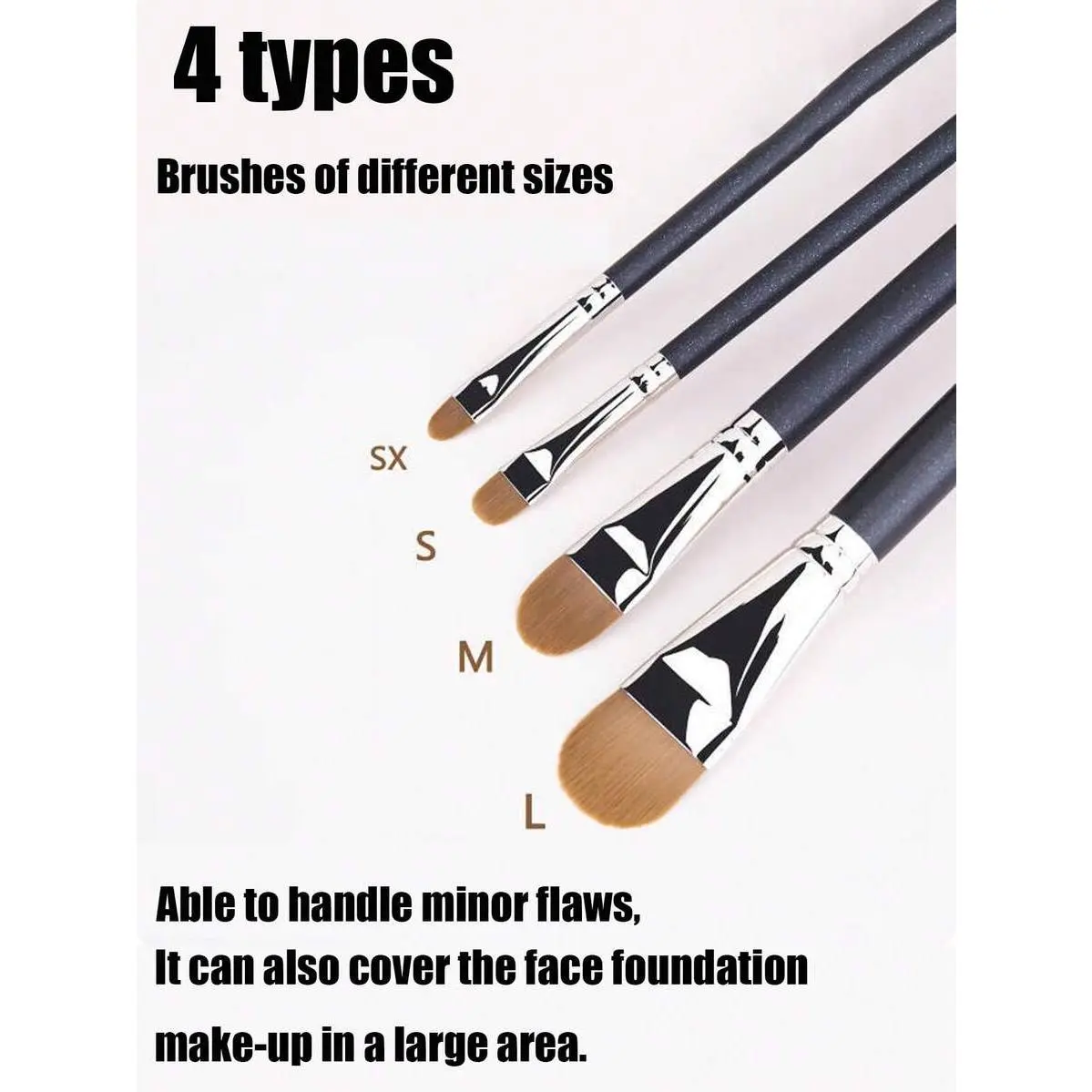 This 4-piece concealer brush set includes: a small flat concealer brush, a contour brush, a loose powder brush, and a foundation brush.