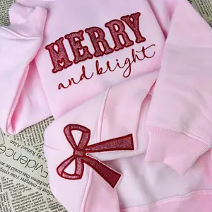 Merry and Bright Embroidered Bow Sweatshirt, Side Bow Applique Sweatshirt, Christmas Bow Glitter Sweater, Embroidered Side Slit Bow Sweater