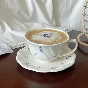 Vintage Floral Relief Ceramic Coffee Cup and Saucer Set, Afternoon Tea Tableware Gift Mug, Ceramic Matcha Set, Model Xinghao 542026