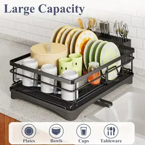Sturdy Metal Carbon Steel Tableware Storage Stand, Space-Saving Kitchen Counter Organizer with Freely Adjustable Drainage Design, No Tools Needed Simple Assembly Kitchen Tidying Rack