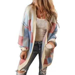 Asvivid Womens Checkered Oversized Cardigan Sweaters V Neck Drop Shoulder Long Sleeve Slouchy Knit Jacket Coats with Pockets