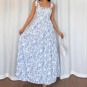 2026 Blue and White Floral Print Tie-Waist Long Dress