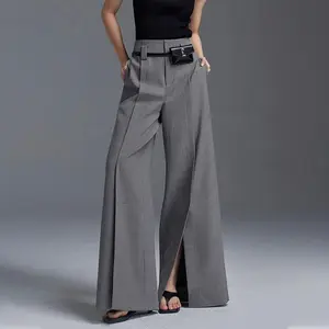 Women's Loose Wide Pants High-Waisted Pleated Split-Front Pants Trousers No belt Womenswear Bottom