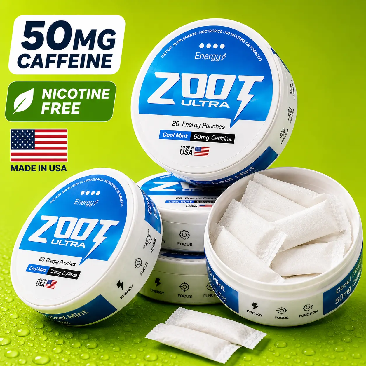 ZOOT Ultra Focus Pouches - Nootropic + Caffeine Pouches | Sugar Free Cool Mint | Clean Ingredients, Blended Vitamins & Minerals, Energy Stamina Boost, Caffeine Energy Pouches