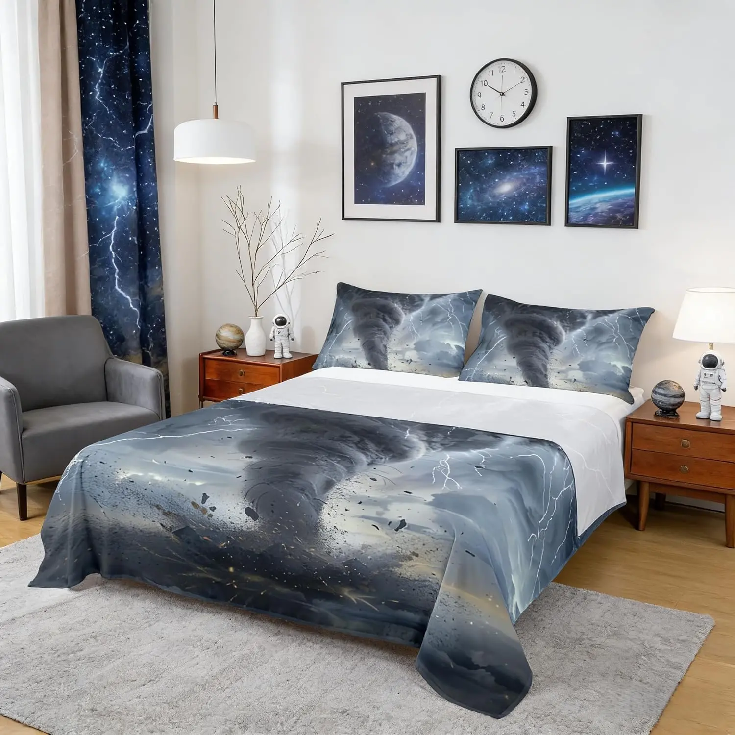 3D Tornado Bed Sheets Lightning Sheet Set Natural Disaster Sheets Set + Deep Pocket Fitted Sheets + Tornado Pattern Flat Sheet