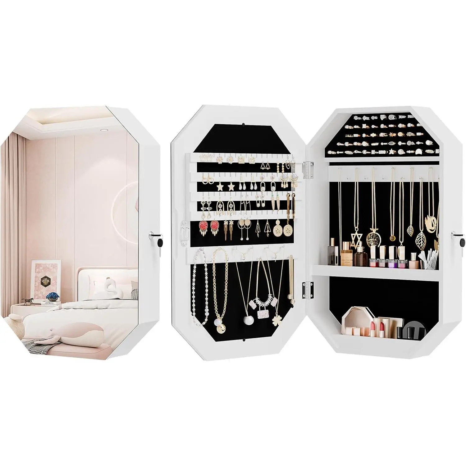 VINGLI Modern Diamond-Shaped Jewelry Armoire - Modern Storage Cabinet with Lockable Drawers, Drawer Storage Cabinet, Wall-Mounted Space-Saving Mirror Organizer