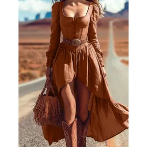 Women's Western Bohemian Vintage A-Line Maxi Dress - V-Neck, Backless, Ruffled Sleeves, Layered Asymmetrical Hem, Short Front & Back, Slim Fit, 100% Polyester Fabric, Lady's Spring Summer Wedding Guest Casual Gown (No Belt Included)