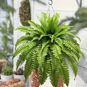 2 Bundles Boston Fern Artificial Hanging Plants, Indoor Outdoor Decor, Home Office Garden Porch, No Water Needed, Multi-Functional Fake Plant Arrangement