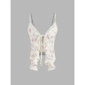 Cider [2 colors, size 2-10] V-neck Floral Ruffle Hem Crop Top