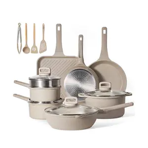 Pots and Pans Set Non Stick, 16Pcs Kitchen Cookware Set, Stackable Induction Cookware for Cooking, Includes Grill Pan, Stock Pot, Steamer, Spoon, Taupe Granite
