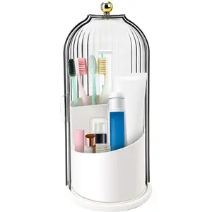 Makeup Brush Holder with Lid 360 Rotating Clear Dustproof Make Up Organizers for Vanity Bathroom Countertop Cover Decoration Toothbrush