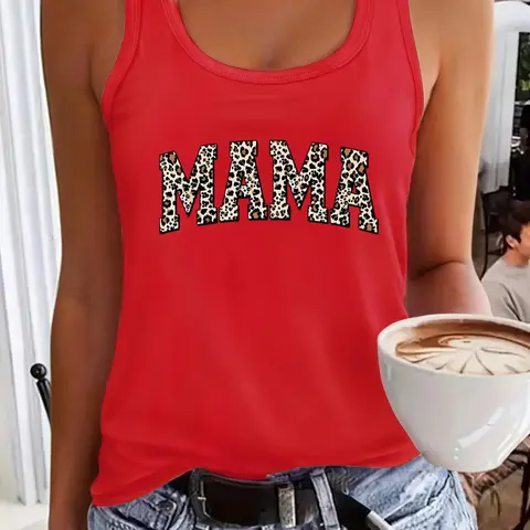 Women's Leopard Letter Print Round Neck Stylish Tank Top, Casual Sleeveless Loose Fitting Top for Daily Wear, Ladies Clothes for All Seasons, Socks, Vest Tank Top Sleeveless Loose Design