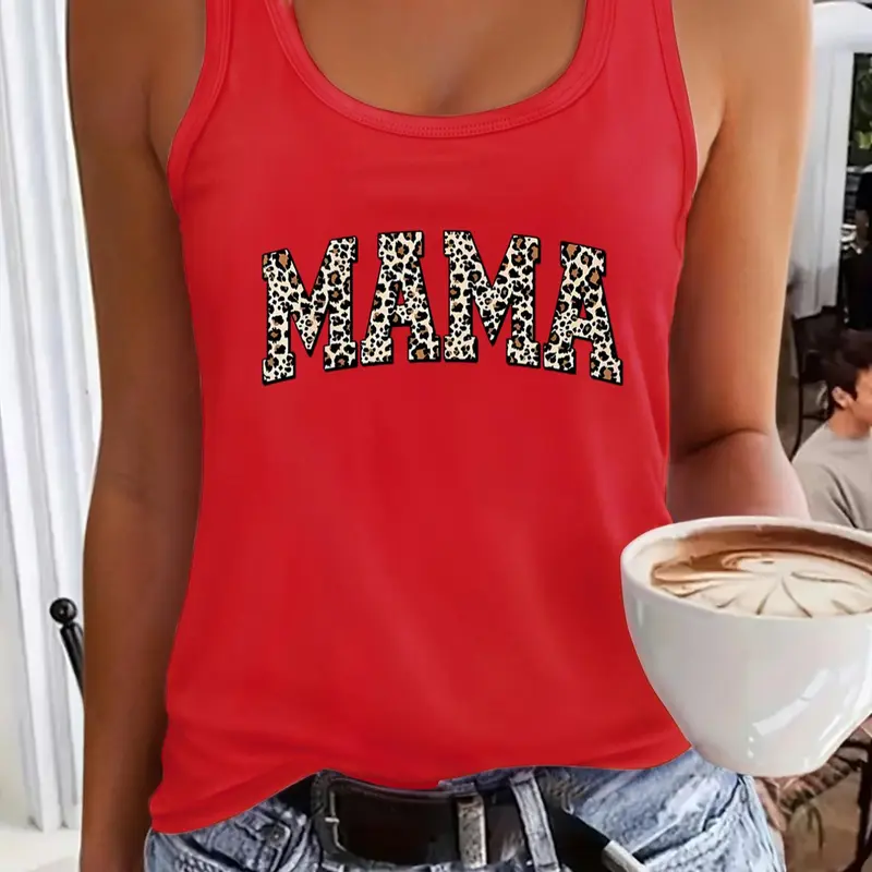 Women's Leopard Letter Print Round Neck Stylish Tank Top, Casual Sleeveless Loose Fitting Top for Daily Wear, Ladies Clothes for All Seasons, Socks, Vest Tank Top Sleeveless Loose Design