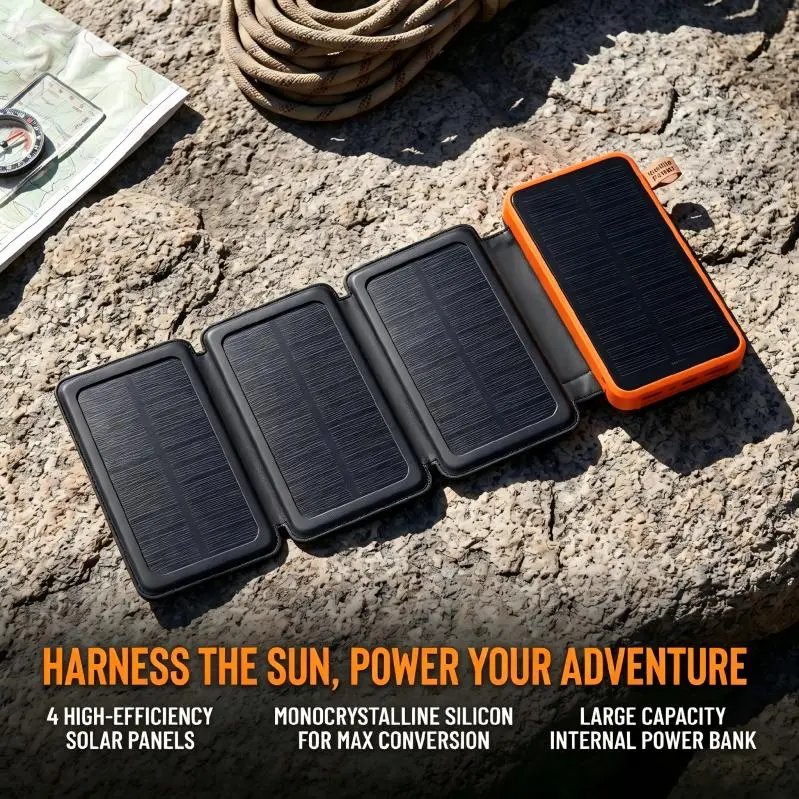 Outdoor camping USB‑C portable power bank with 4 solar panels, 3A fast charging external battery pack, includes 3 USB output ports, compatible with smartphones and tablets