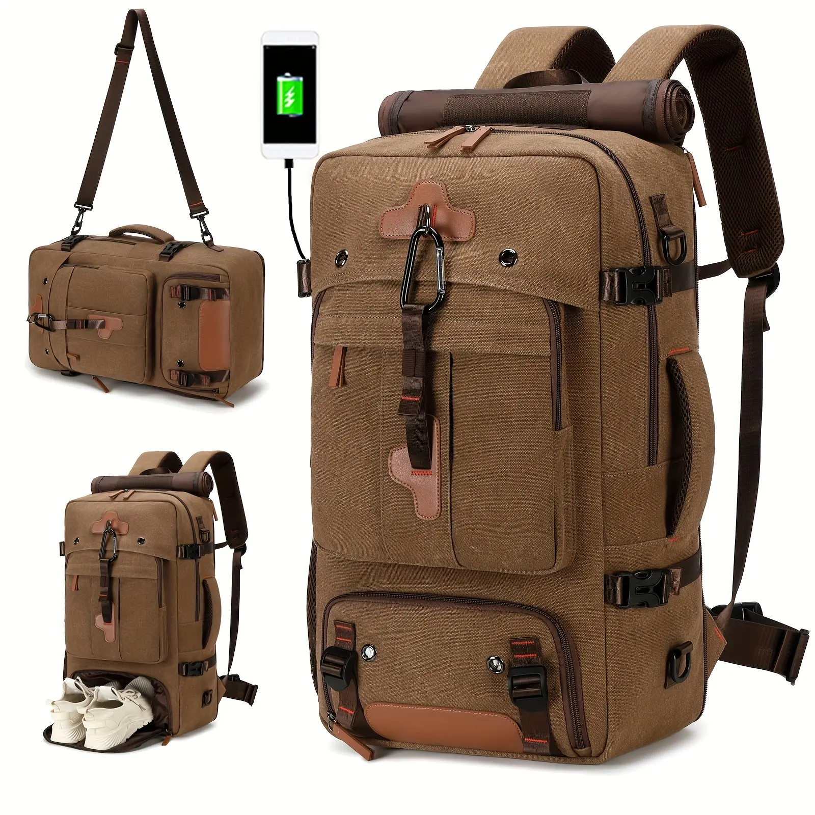 [USB Charging] 17.3-inch Laptop Backpack | Large | Durable Canvas | USB Charging Port, Adjustable Straps, Multiple Compartments, Shoe Compartment | Travel, Hiking, Commuting, Casual Daypack | Women & Men | Khaki/Coffee/Blue/Black
