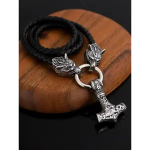 Vintage Viking Hammer Wolf Design Pendant Necklace, Punk Jewelry for Party, Daily Clothing Decor, Trendy Pu Leather Strap Jewelry for Birthday Gift without Box