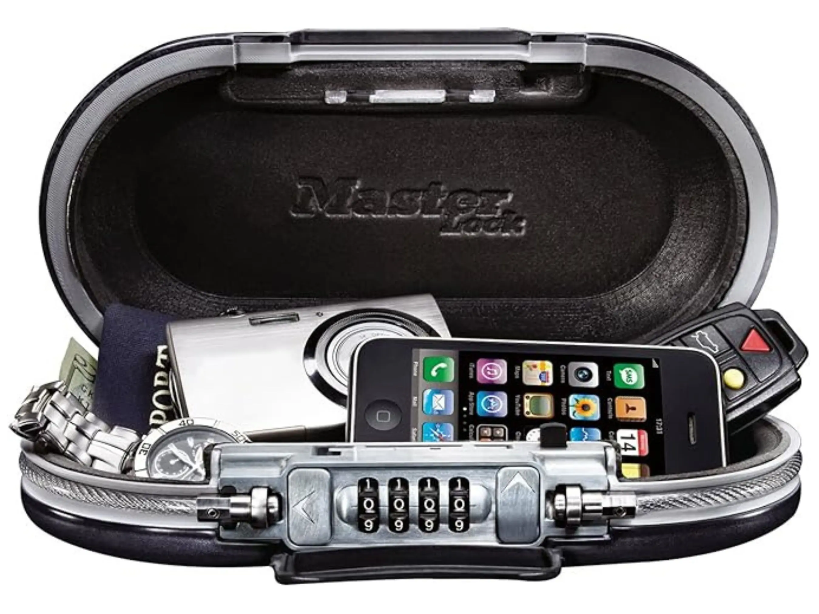 Master Lock 5900D Rectangular Gunmetal Grey Portable Anti-Theft Safe Box - Custom Combination Password, Shock-Absorbing Foam, Carrying Handle, Ear Bud Access, Tight Fixing Cable, Travel & Office Storage (Money Safe for Cash, Cash Stash Container)